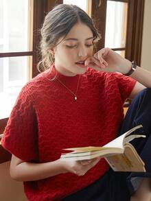 Knit Mix Áo thun nữ cổ tròn không tay dáng rộng đơn giản màu trơn, họa tiết hoa (họa tiết ngẫu nhiên) ngày lễ tình nhân - Đỏ - Xem 7