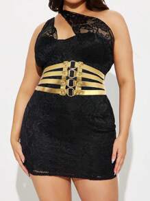 1pc Plus Size Women Gold-Color PU Leather Hollow 4-Row Round Buckle Decorative Belt - Gold - View 9