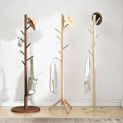 1pc New Floor Standing Coat Rack, Vertical Clothes Hanger Stand, Bedroom Simple Wooden Drying Rack