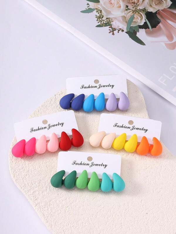 3pairs Simple Fashion Colorful Water Drop Stud Earrings Set For Women, Everyday Casual