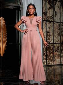 女士褶皱 V 领派对其他服装优雅连衣裙