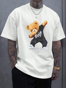 Camiseta Casual De Moda De Manga Corta Con Patrón De Oso Para Hombre, Ajuste Regular, Para Verano - Blanco - Ver 1