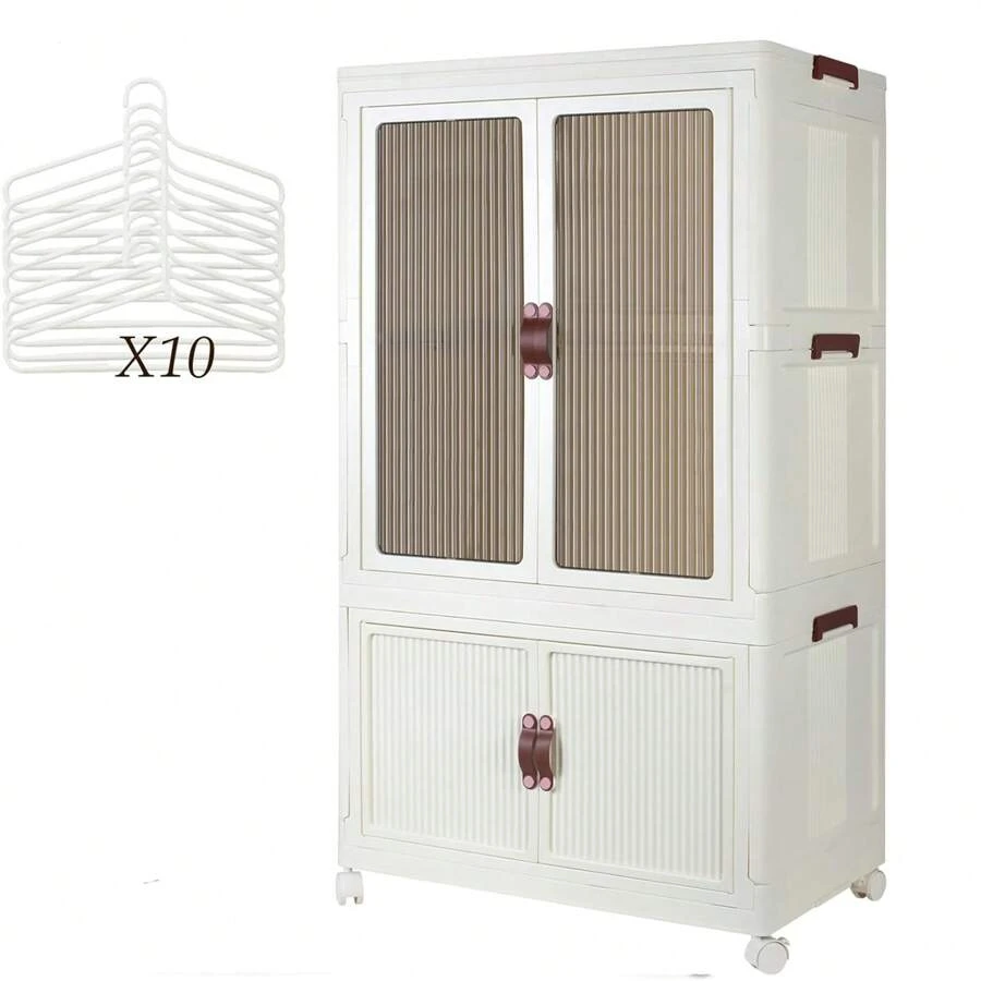 Portable Closet Wardrobe For Hanging Clothes, Folding Stackable Storage Bins With Lid, Wheels And Hanging Rod Folding Storage Box, 1 Hanging Area, 1 Drawer (25Wx16.5Dx43.5H) - 米色 - 查看 1