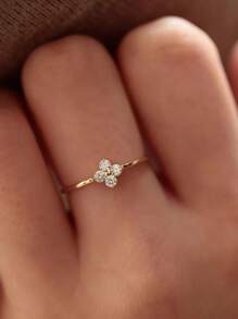 1 pieza Anillo de trébol de 4 hojas de plata esterlina S925 con baño de oro de 18k y circonita, anillo pequeño y delicado, diseño único de moda, de alta calidad, versátil, excelente regalo para festivales