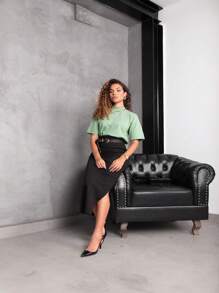 High-Neck Cotton T-Shirts Inspired By Zaara, Solid T-Shirt, Basic Casual, Stripped, Women's Blouse, Fashion, Summer 2024 - 薄荷綠 - 查看 4
