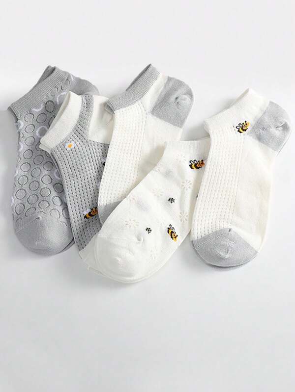 1/5 Pairs Women Lightweight Gray Cartoon Bee Hollow Floral Mesh Breathable Cute Fashionable Short Socks, Suitable For Spring/Summer Outfits
