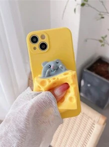 Divertida funda de teléfono antiestress con diseño de ratón y queso compatible con iPhone 15, 14, 13, 12, 11 Pro Max, cubierta protectora suave contra caídas - Amarillo - Ver 3