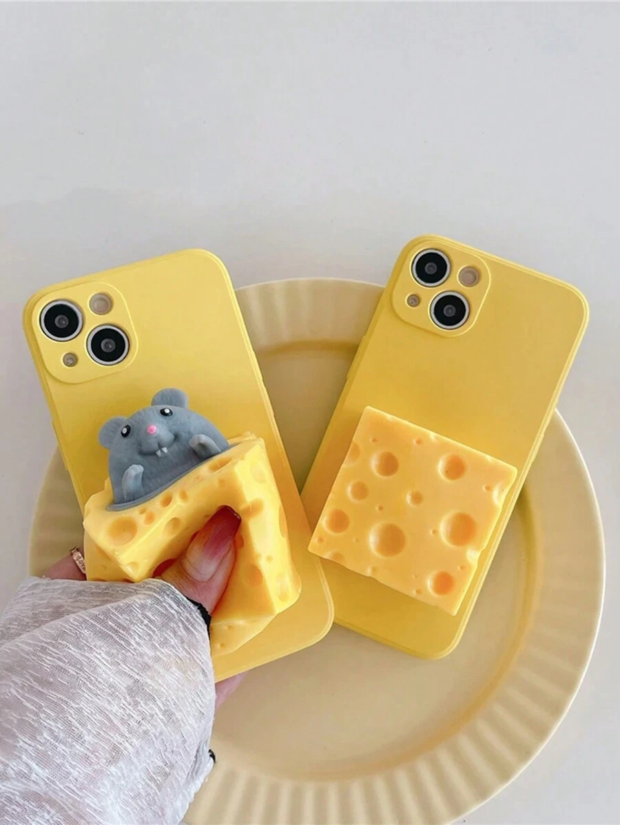 Divertida funda de teléfono antiestress con diseño de ratón y queso compatible con iPhone 15, 14, 13, 12, 11 Pro Max, cubierta protectora suave contra caídas - Amarillo - Ver 1