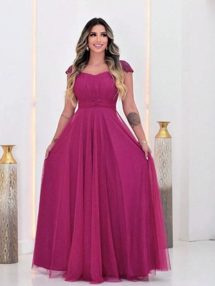 Long Bridesmaid Congress Graduation Party Dress With Embroidered Sleeve - Rose Red - View 1