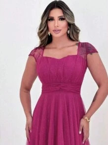 Long Bridesmaid Congress Graduation Party Dress With Embroidered Sleeve - Rose Red - View 2