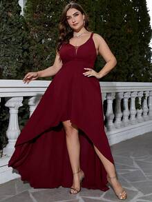 Fashionable Sexy Spaghetti Strap Deep V-Neck Party Evening Gown, Shorter Front Longer Back Plus Size Dress, Elegant Bridesmaid Dress - Burgundy - View 3