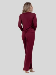 Romantic Women's Long Pajamas With Lace Detail On The Collar Long Sleeve - 酒紅色 - 查看 4