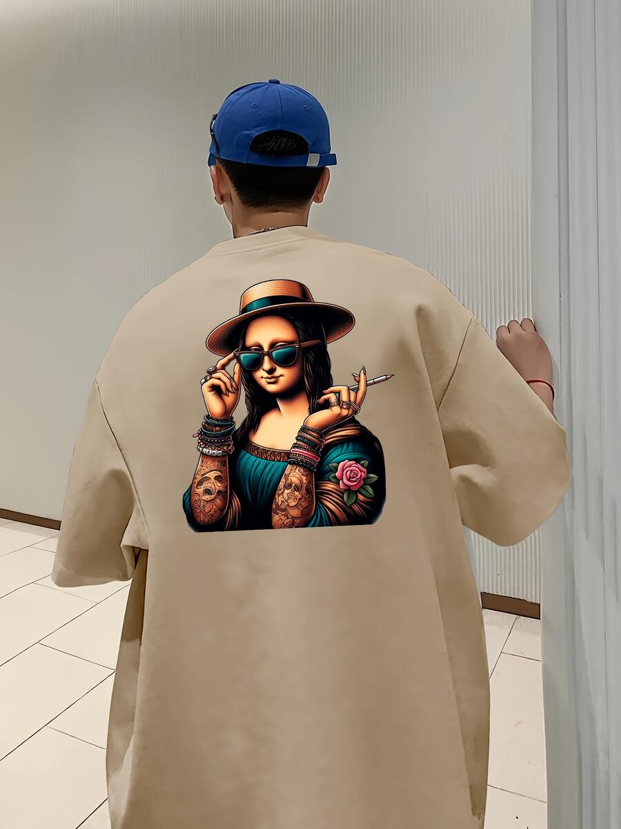 Men's Oversize T-Shirt Monalisa Drip T-Shirt Premium Oversized Shirt 100% Cotton - 卡其色 - 查看 1