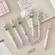 1 Peça / 6 Peças, Canetas Neutras de Pressão, Canetas com Design de Adesivo Fofo de Tulipa em Desenho Animado, Canetas Assinatura Altamente Atrativas, Adequado para Uso Estudantil e de Escritório