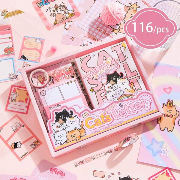 116 Pieces Of Healing Pieces Warm Envelope Gift Box Cute Girl Heart Ledger Sticker Tape Material Paper Gift Box,School Supplies,Back To School