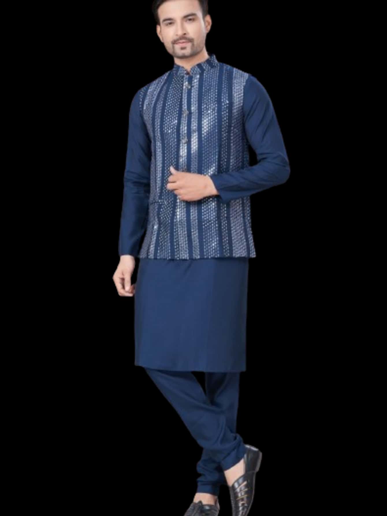 Blue Wedding Designer Kurta Pajama With Modi Jacket With Mirror And Embroidery Work For Mens - Blue - View 1