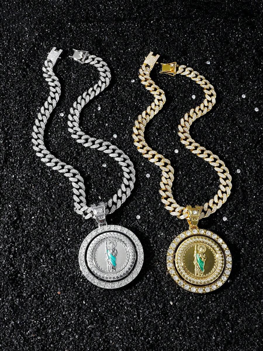 1 pieza Collar con colgante de san judas Tadeo totalmente cubierto de cristales giratorios de 13mm, joyería pendiente de hip hop para hombres para uso diario - Estilo A - Ver 1