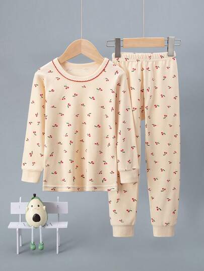 年轻女孩睡衣套装，花领可爱樱桃印花长袖 T 恤和裤子家居服套装