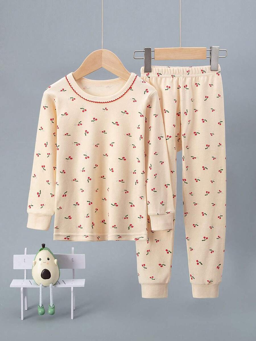 年轻女孩睡衣套装，花领可爱樱桃印花长袖 T 恤和裤子家居服套装