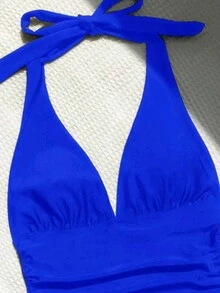 Traje de baño de color sólido Split Boxer de cintura alta Cuello colgante Traje de baño bikini sin espalda - Azul - Ver 5