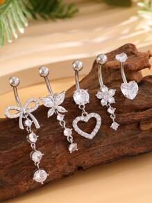 Set de 5 piezas de anillos de piercing de ombligo con adorno de moño y mariposa, joyas de acero inoxidable sexy para el ombligo de mujer para el Día de San Valentín - Plateado - Ver 2