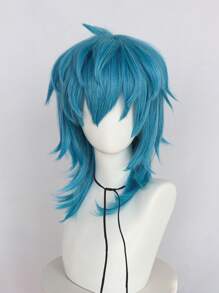باروكة نسائية للألعاب والأعياد، باروكة للرجال متوسطة الطول مدرجة مستقيمة من ألياف صناعية مقاومة للحرارة، شعر كثيف باللون الأزرق مع غرة للزينة في عيد الميلاد