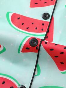Marira Fruit Watermelon Printed Women's Pajama Set, Comfortable Turn-Down Collar Short Sleeve Top And Loose Shorts, Casual All-Season Women's Sleepwear And Homewear - Mint Green - View 6