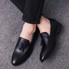 男式流苏一脚蹬皮革乐福鞋，黑色柔软休闲办公室日常商务正式轻便正装鞋 - 黑色 - 查看 3