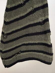 Women's Plus Size Stand Collar Striped Distressed Flare Sleeve Pullover Sweater, Fall/Winter Casual - Army Green - View 5