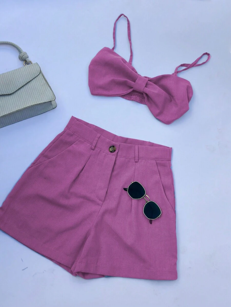 Women's Short And Cropped Linen Summer Set - Màu Hồng baby - Xem 1