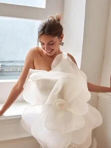 夏季女士3D玫瑰花朵大气礼服，不对称领口露背，大胆前卫，情人节装，春夏季女士派对礼服婚礼宾客礼服舞会礼服