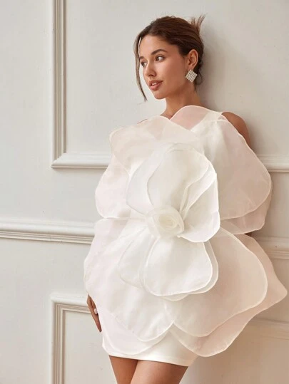 Summer Women 3D Rose Flower Atmosphere Formal Dress, Asymmetrical Neck Backless, Bold And Avant-Garde, Valentine's Day Outfit, Spring And Summer For Women Party Dress Wedding Guest Dress Prom Dress