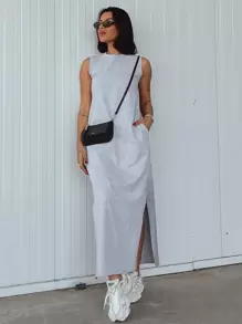Long Cotton Dress With Pocket - Gris - Ver 1