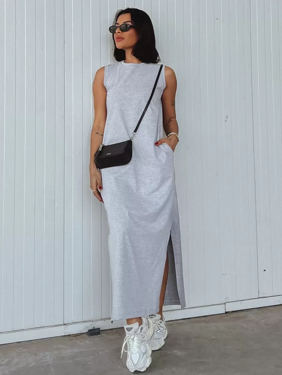 Long Cotton Dress With Pocket - Gris - Ver 1