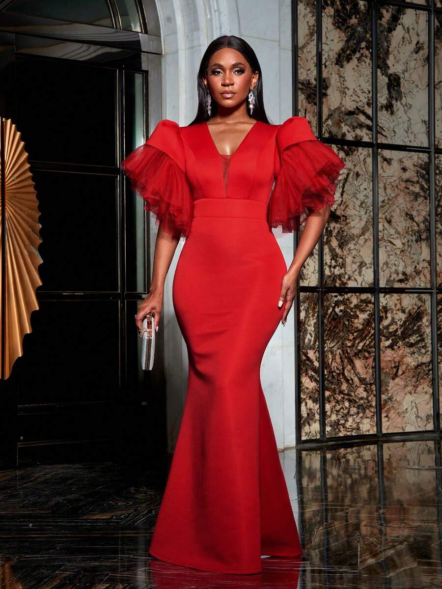 Faeriesty Plunging Neck Exaggerated Sleeves Formal Mermaid Prom Dress - Red - View 1