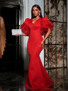 Faeriesty Plunging Neck Exaggerated Sleeves Formal Mermaid Prom Dress - Red - View 6