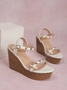 Women Summer Platform Wedge Peep Toe White Sandals - White - View 5