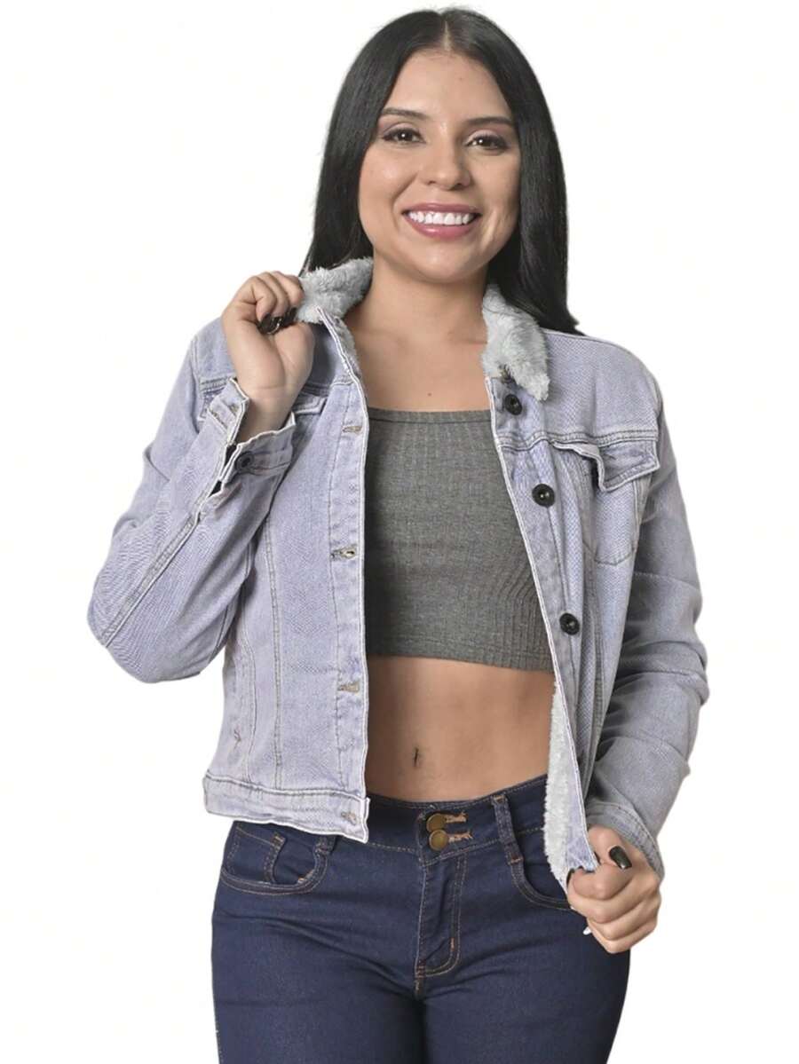 Chamarra Chaqueta Cazadora de Mezclilla Dama Peluche Interno Cuello Borrego Moda