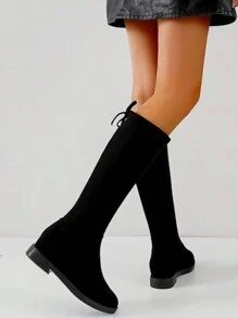 女士过膝靴，秋冬新款中筒靴，连帽衫搭配百搭平底长靴，搭配连帽衫时尚修身过膝靴搭配秋装 - 黑色 - 查看 3