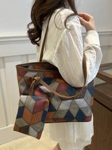 Women's Fashion Commuter PU Tote Bag, High-End Colorblock Texture Versatile Handbag, Minimalist Portable Shoulder Bag For Office Lady, Commuting, Dating, Outing, Shopping, Vacation, With Detachable Inner Pouch - Multicolor - View 2