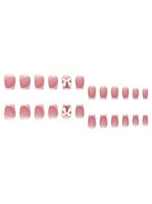 24 piezas de uñas francesas Y2k en forma de ataúd con diseño de lazo rosa en 3D, estilo autoadhesivo, longitud corta para uso diario, adecuado para suministros de uñas de mujeres y niñas uñas falsas uña falsa uña acrílica