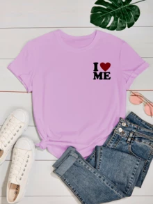 Women's Baby Look Peace Peace Heart T-Shirt Happy Smile Various Colors 100% Cotton - 紫色 - 查看 2
