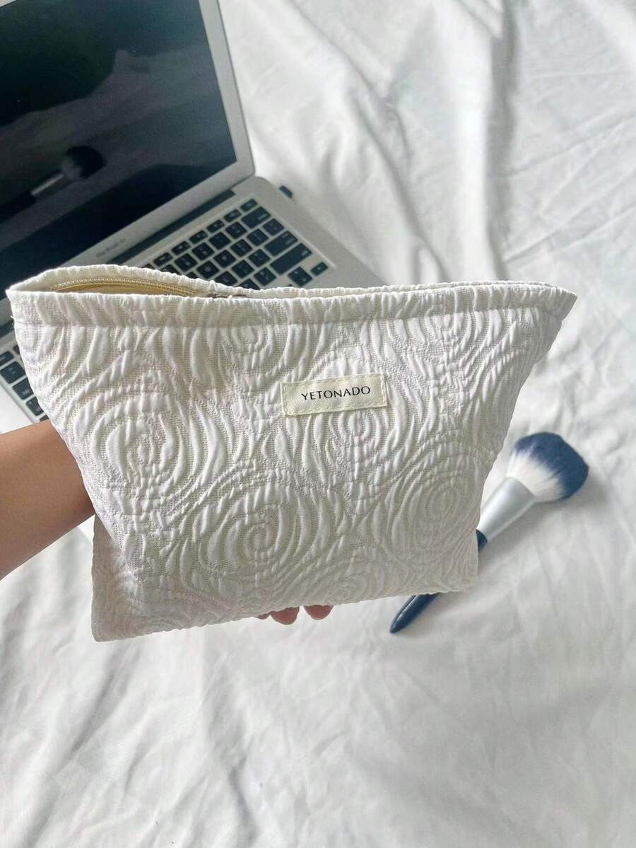 1pc White Rose Flower Pattern Cosmetic Bag Set, Includes Zipper Pouch