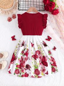 Vestido casual de verano para niñas preadolescentes, con manga acampanada elegante, tejido acanalado, parche y estampado floral