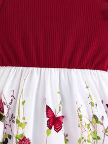 Vestido casual de verano para niñas preadolescentes, con manga acampanada elegante, tejido acanalado, parche y estampado floral