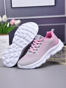 1 đôi giày thể thao màu trắng, giày chạy bộ nữ mùa hè mới 2024, giày thể thao thông thường có dây buộc màu, giày đi bộ bằng lưới thoáng khí chống trượt - Hồng - Xem 6