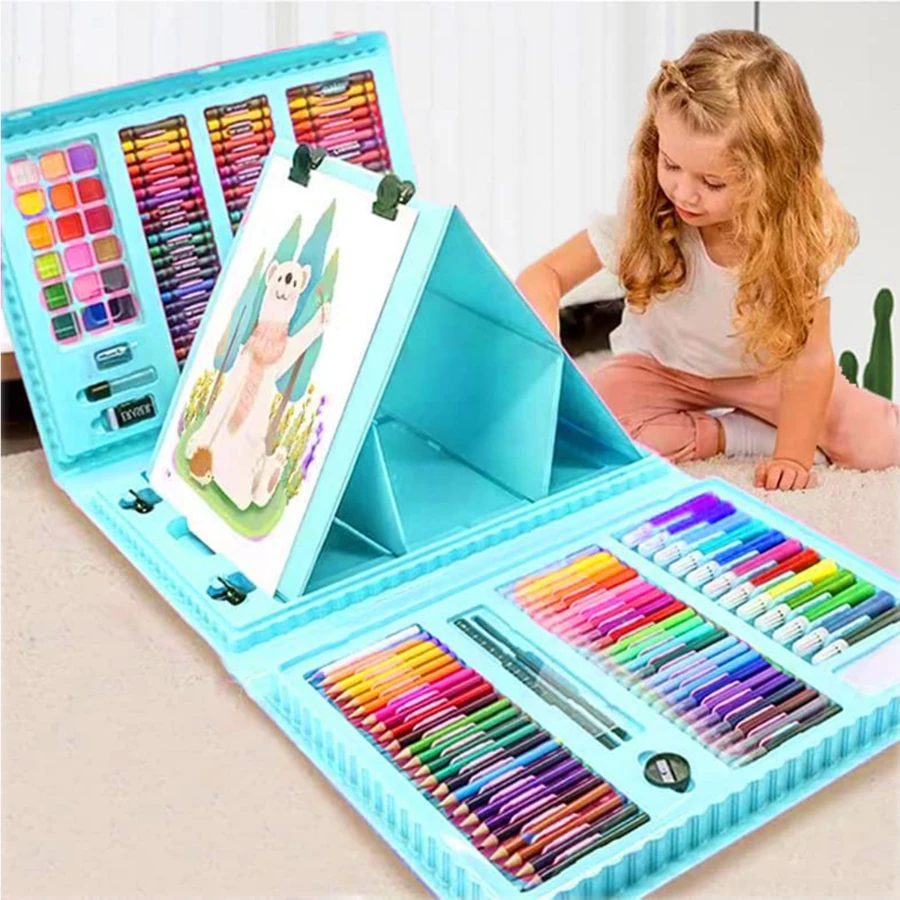 Lápices de Colores Kits de arte y dibujo, suministros de arte para niños, paquete de 208 kits de arte, kit de pintura para colorear, caballete de arte de tres pliegues de doble cara, pasteles al óleo, ceras, lápices de colores, regalos creativos para artistas principiantes, niñas, niños - Azul - Ver 1