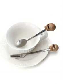 Juego de cubiertos únicos de acero inoxidable con diseño 3D de calavera - tenedores y cucharas, adecuado para comidas occidentales, accesorio de cocina creativo, decoración del hogar, fiesta de Halloween