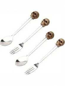 Juego de cubiertos únicos de acero inoxidable con diseño 3D de calavera - tenedores y cucharas, adecuado para comidas occidentales, accesorio de cocina creativo, decoración del hogar, fiesta de Halloween