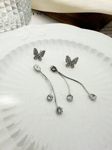 1 Pair Of Butterfly Tassel Long Earrings With Waterdrop Rhinestone Ornament For Women, Sweet Style For Teen Girls - Silver - View 4